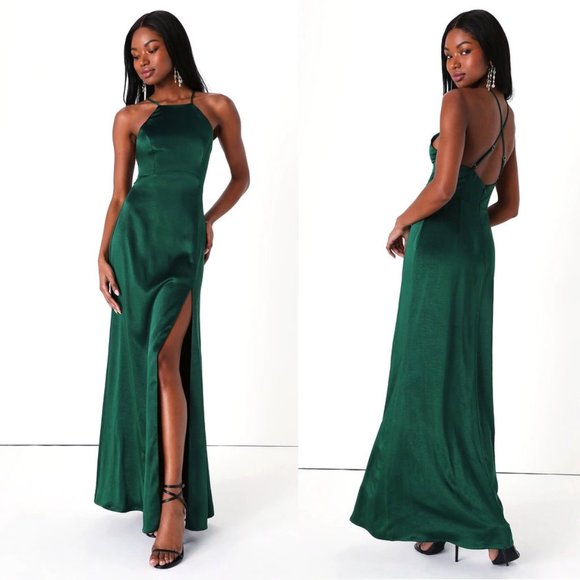 Lulu's Born to Captivate Satin Backless Maxi Dress w/Apron Neckline Forest Green - Picture 1 of 4